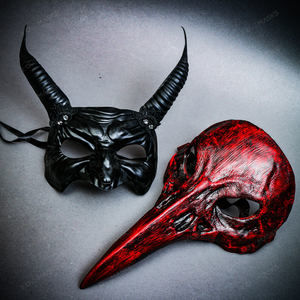 Red Bird Nose Raven Mask with Demo Long Horn Halloween Masquerade Couple Mask
